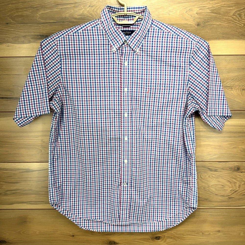 Nautica Shirt Men's XL Multicolor Plaid Cotton Wrinkle Resistant Short Sleeve